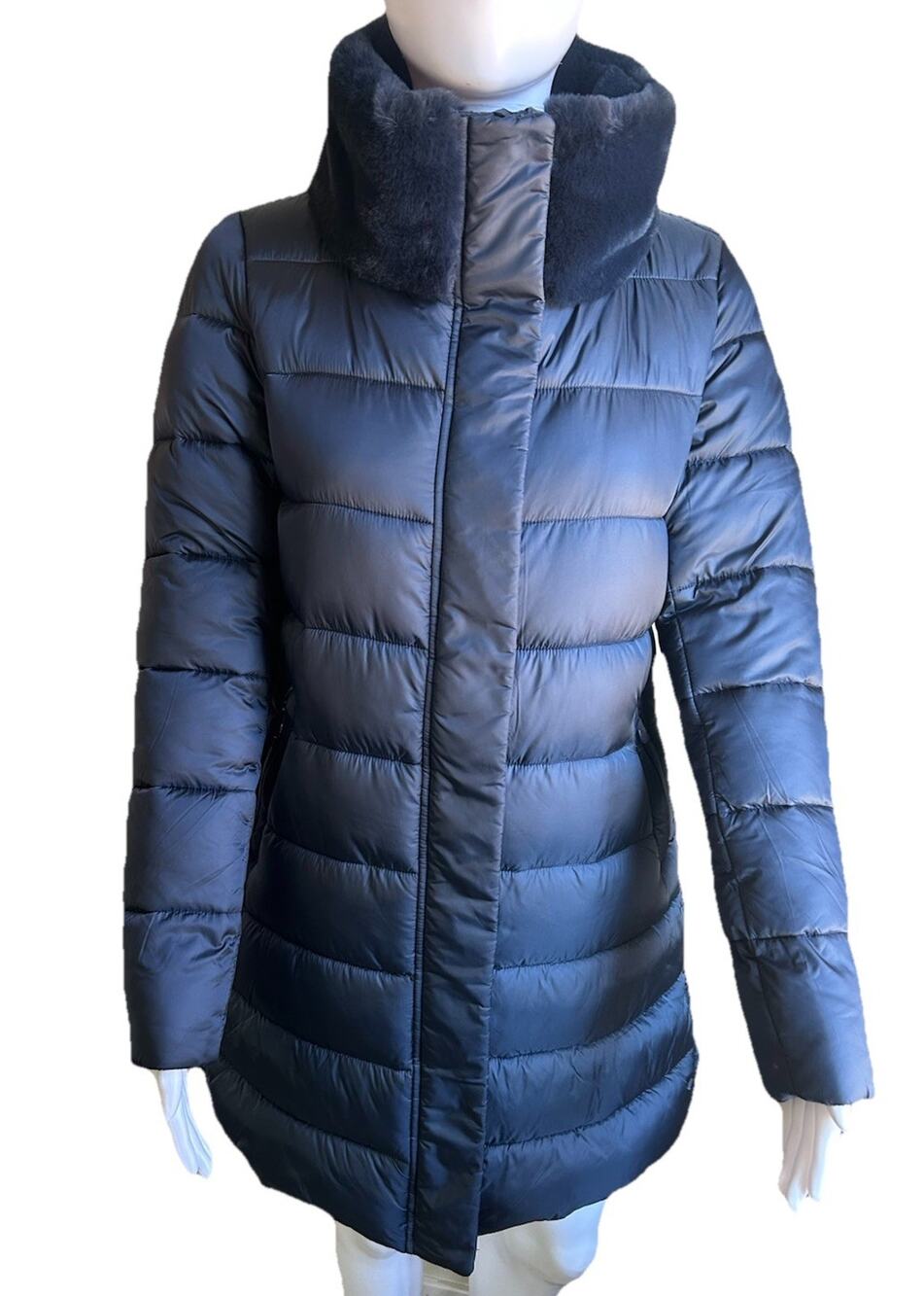 Save The Duck Dalea Womens Small Long Puffer Coat Blue Faux Fur Collar Quilted